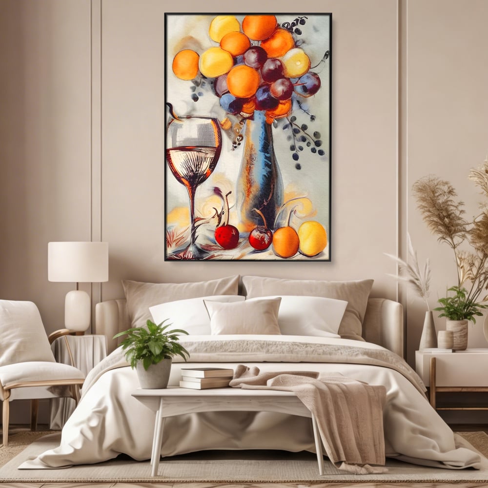 Tablou canvas cu tablou cu sticla, pahar de vin si fructe, in rama de aluminiu negru, pe perete intr-un dormitor